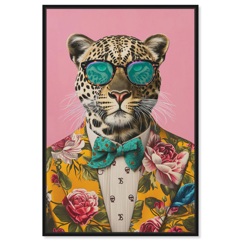 Art raffiné Roar I, toile rose pop, Cadre noir, H 16 po x l 11 po