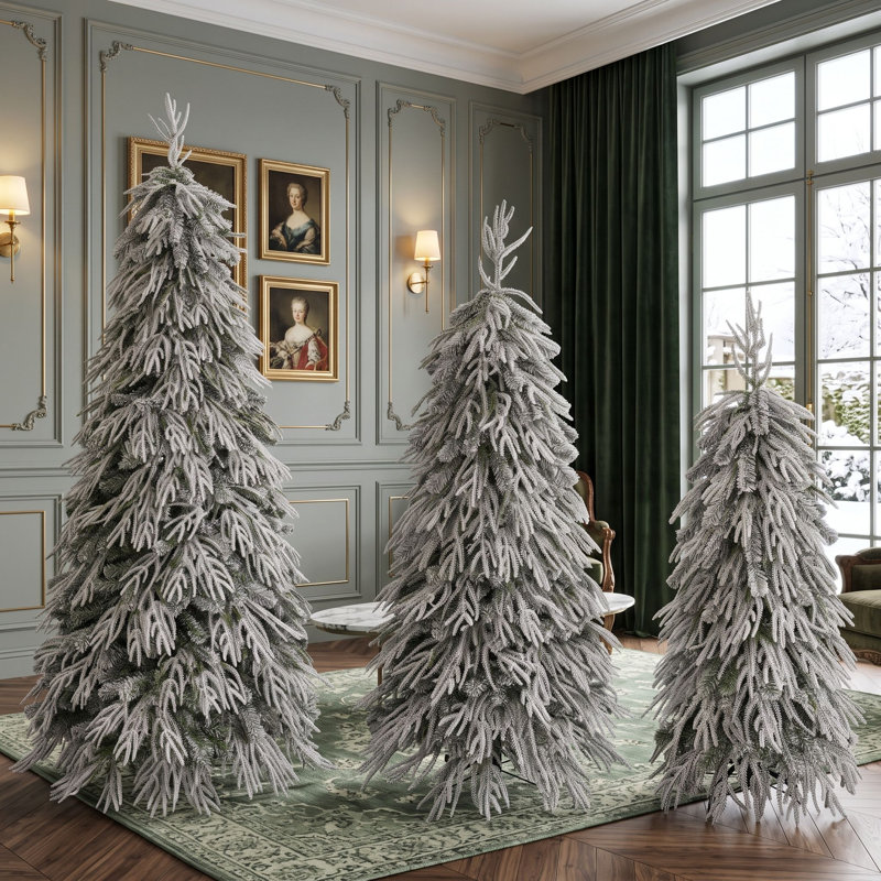 3-Piece Snowy Cascading Artificial Christmas Tree Set with Flocked Weeping Branches and Warm White Lights