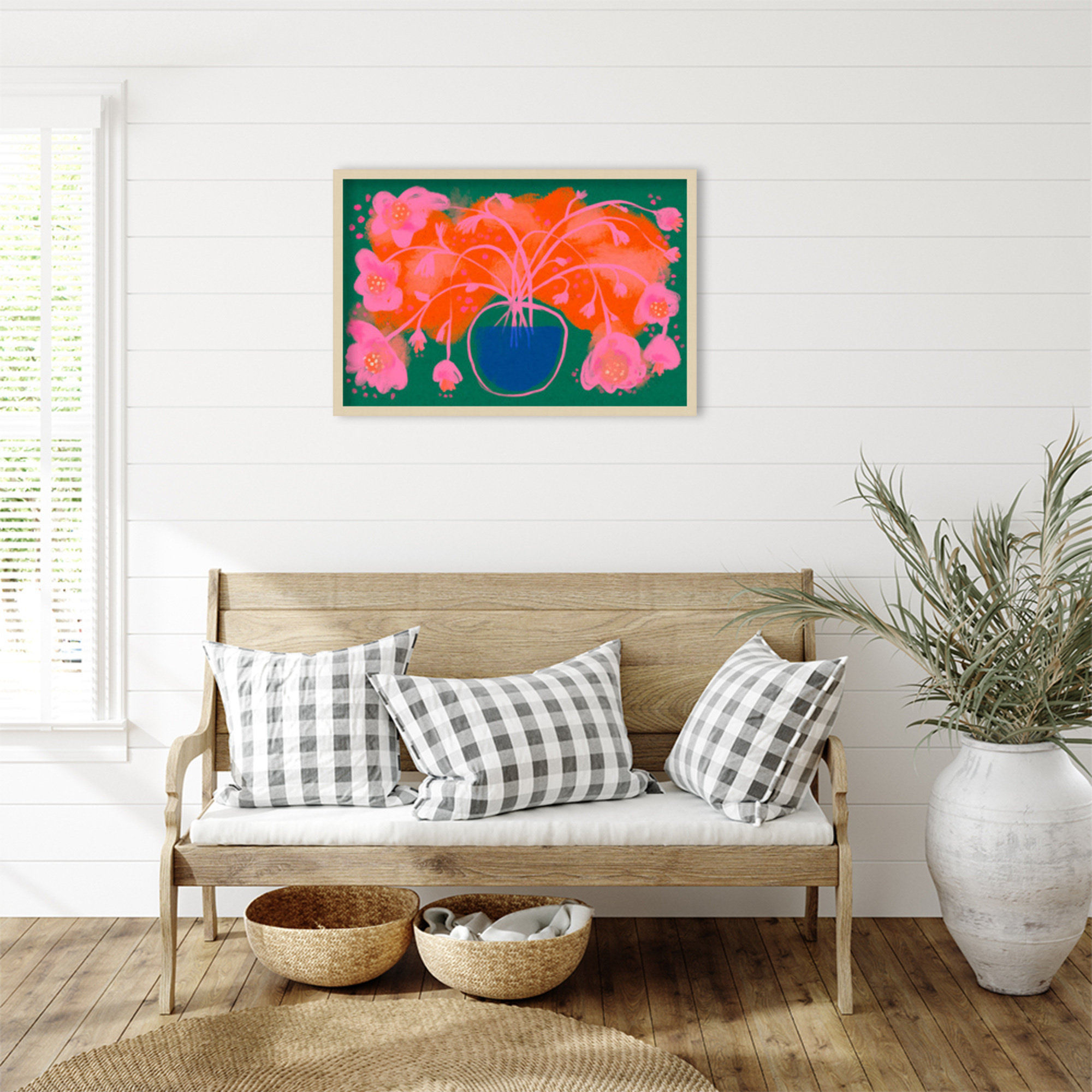 Pink Flower Bouquet by Treechild  Wood Framed Wall Art Print, Brown, 23" H x 33" W