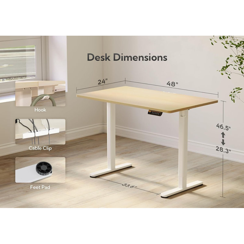 Electric Height Adjustable Standing Desk with Hooks, 46.5" H x 48" W x 24" D, Nature/White
