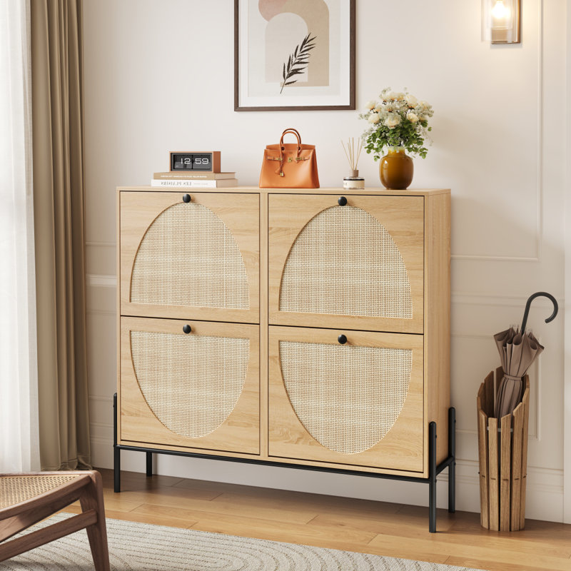 Space-Saving Rattan Shoe Cabinet With 4 Flip-Down Doors – Elegant Narrow Storage For Entryways & Hallways, Oak