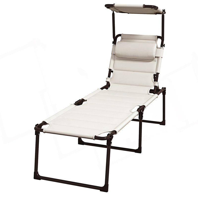 Outdoor Lounge Chair, Adjustable Backrest Folding Chaise Lounge, Cushioned Chair With Sunshade Roof & Pillow Headrest