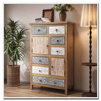 Accent Cabinet With 6 Drawers & 2 Doors, Rustic Multicolor Carved Storage Chest