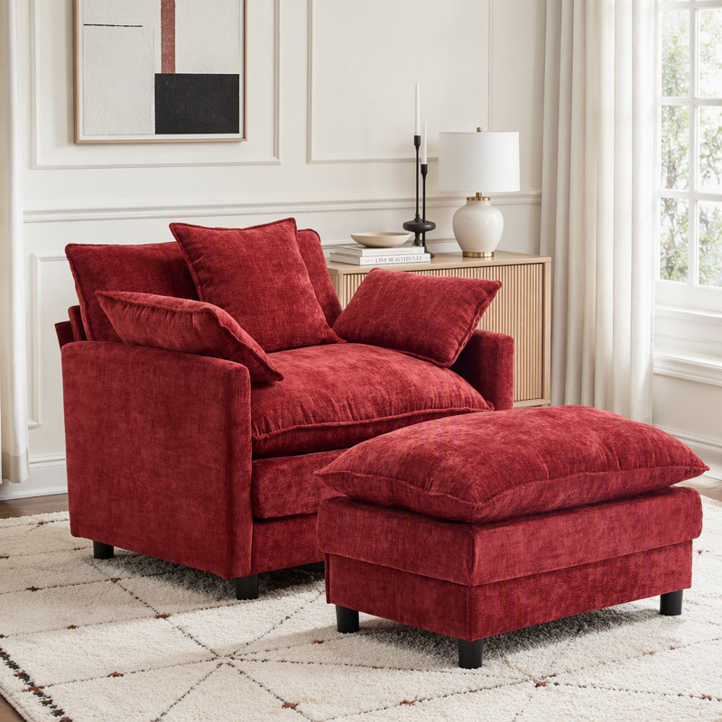 Chaise d'appoint moderne avec repose-pieds, tissu chenille, structure en bois massif, Tissu rouge vin
