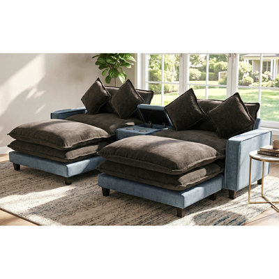 Canapé modulaire en chenille de 111 po avec deux repose-pieds amovibles, deux ports USB, deux porte-gobelets et une grande boîte de rangement pour le salon