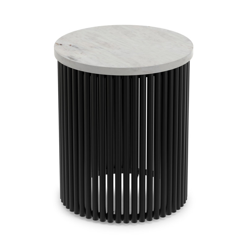 Demy 18"W Genuine Marble Industrial End Table with Slatted Metal Base, Assembled, White