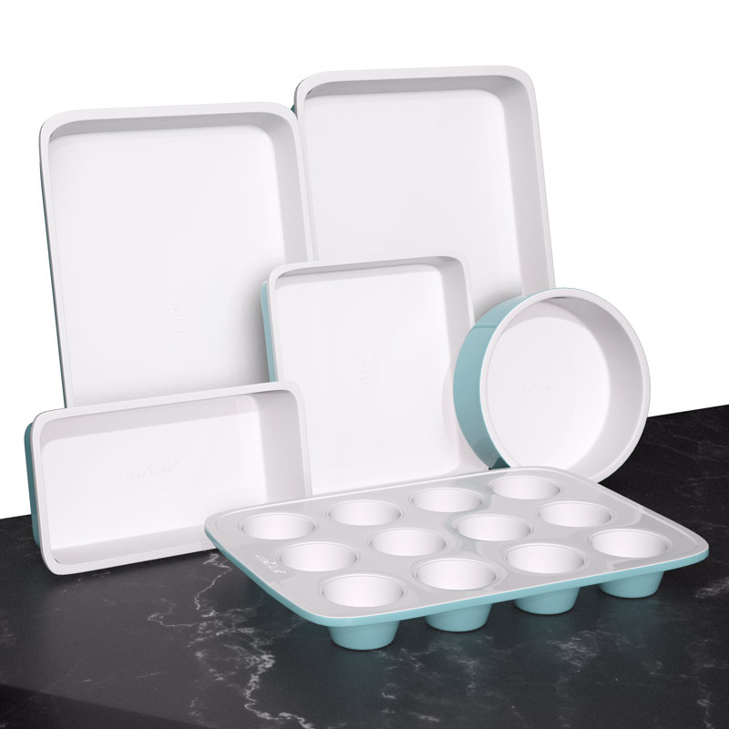NutriChef 6-Piece Turquoise and White Ceramic Baking Pan Set