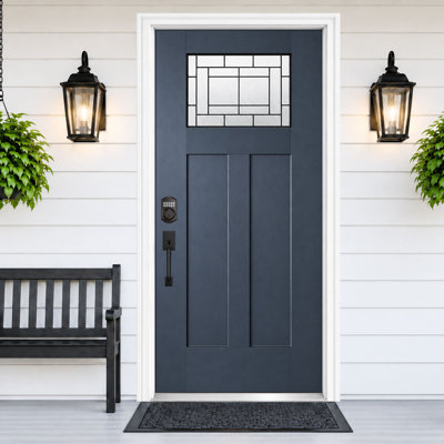 36 In. x 80 In. Blue Fiberglass Front Entry Door, Right-Hand Inswing,Tempered Privacy Glass with Decorative Caming Knock-Down Design, 6-9/16 In. Vinyl Frame & Brickmould