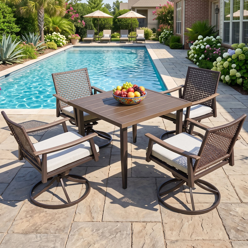 Outdoor 4 Person Dining Set, 4 Rattan Swivel&Rocking Chairs And Cushions