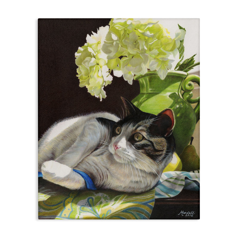 Chat et ruban bleu, art mural par Mardell Schuster, H 48 po x l 36 po