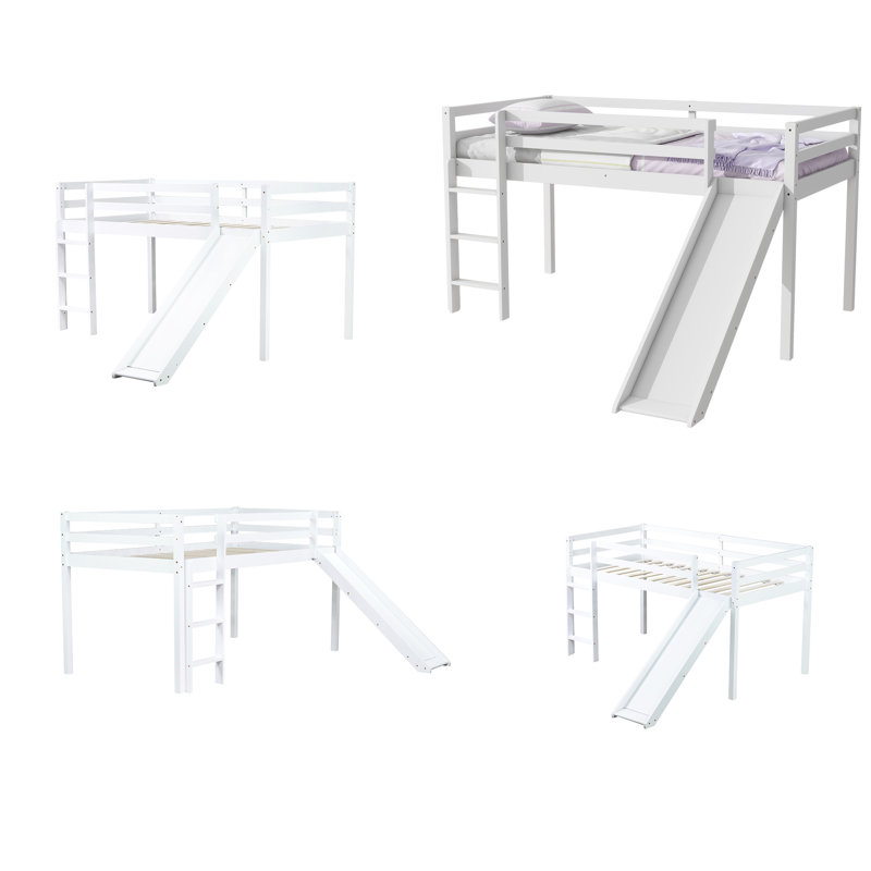 Twin Low Loft Bed With Slide, Ladder, Guardrails, Grey, Twin, White