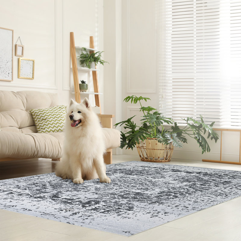 Tapis lavable à la machine avec envers antidérapant à motif floral moderne abstrait noir et crème, Rectangle 5 pi 4 po x 8 pi