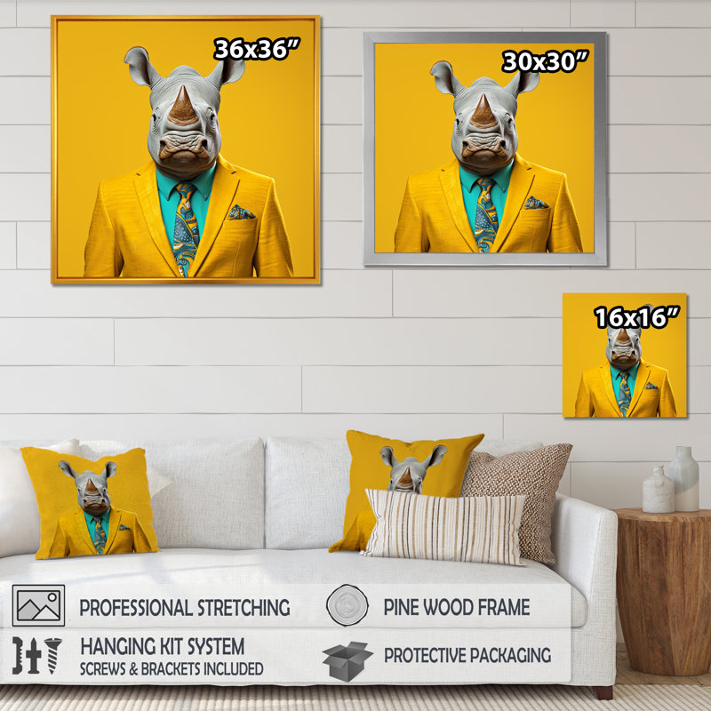 Art mural en forme de rhinocéros, H 36 po x l 36 po x P 1,5 po, Toile tendue