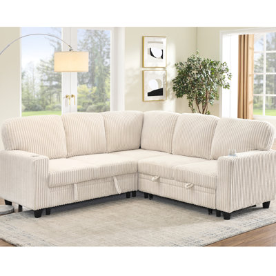 5 modulaires en L avec lit escamotable, rangement intelligent, charge de type C, velours côtelé, beige, pieds en plastique robustes