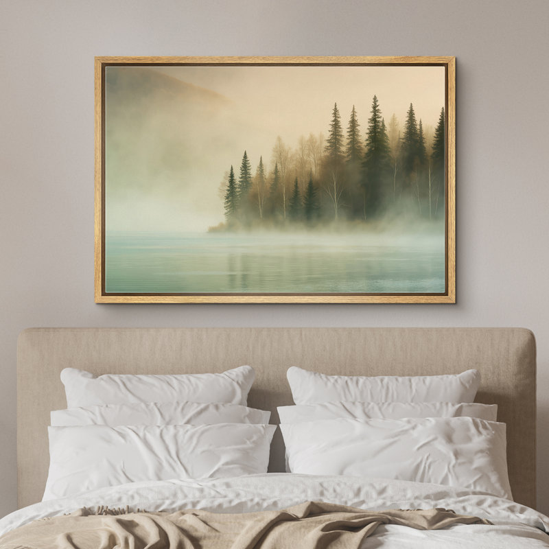 «Misty Forest Lake with Evergreen Trees and Soft Morning Light», reproduction d'art sur toile encadrée