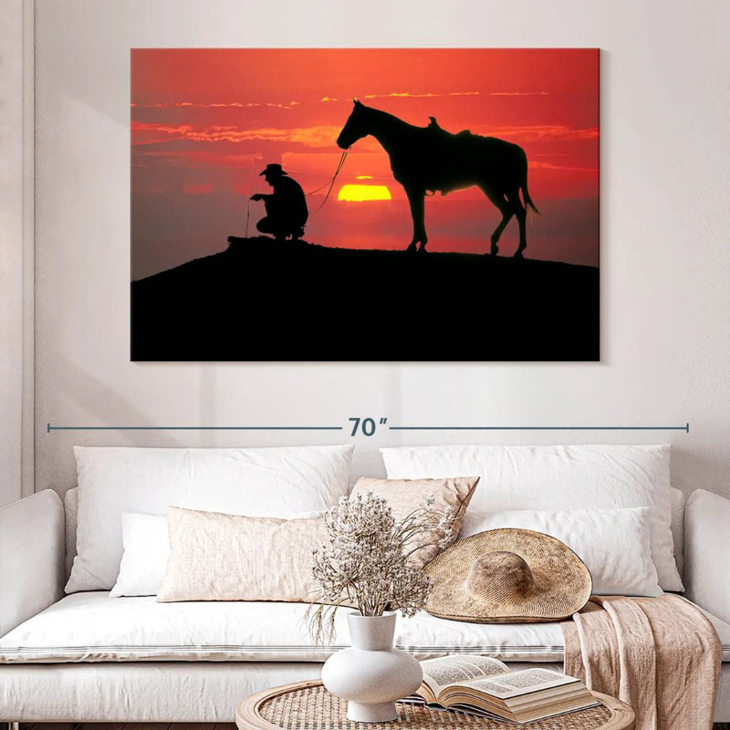 Cowboy de Brampt au coucher du soleil, H 34 po x l 51 po