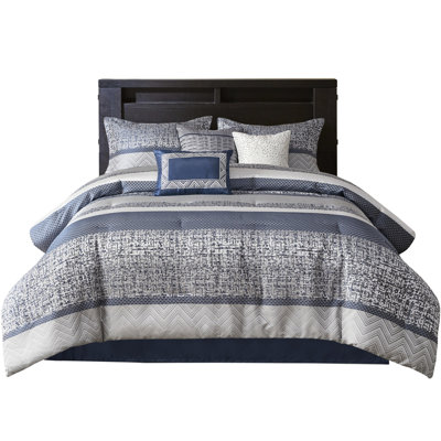 Classy 7 Piece Navy King - With Comforter, Shams & Machine Washable Size Bedding Pieces With Embroidered Pleated Pillows