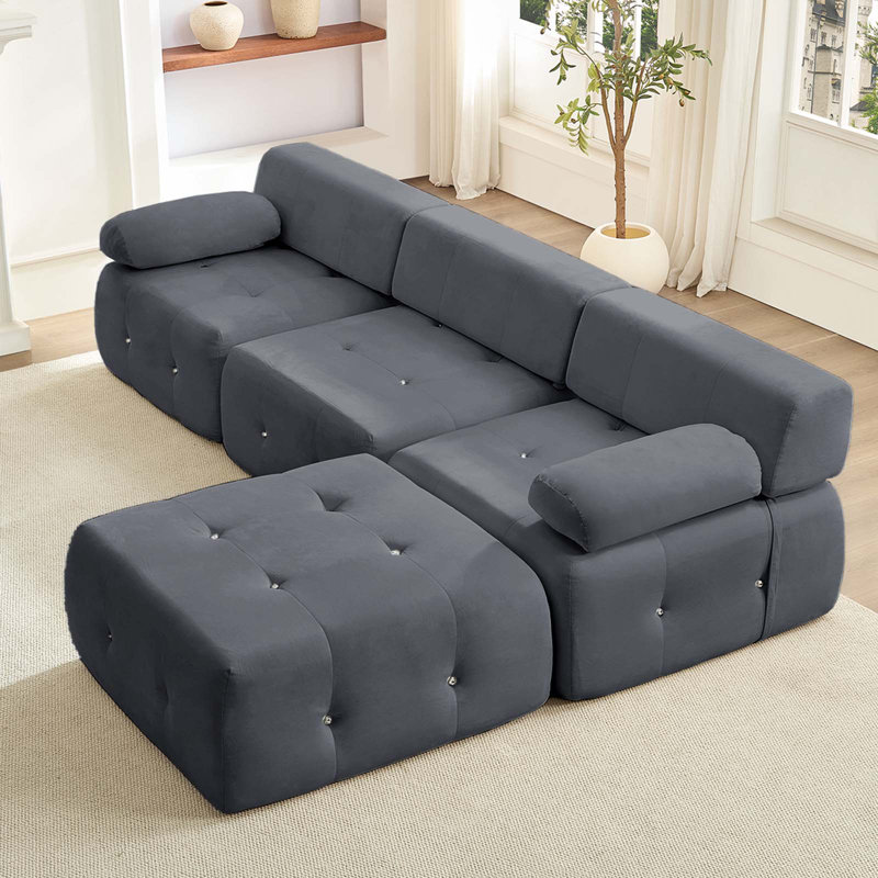 Mercer41 100.4” Velvet L-Shaped Modular Cloud Couch with Reversible Ottoman,4 Seater Button Ring Tufted Combination Sofa for Living Room