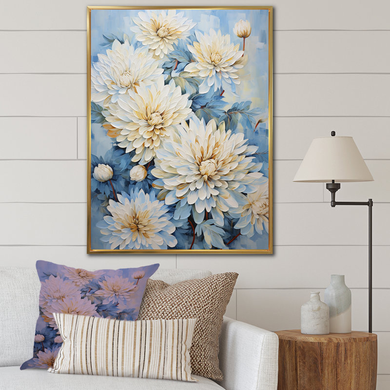 «Blue and White Mums Flowers Elegance III», reproduction sur toile, Cadre flottant doré, H 44 po x l 34 po x P 1,5 po