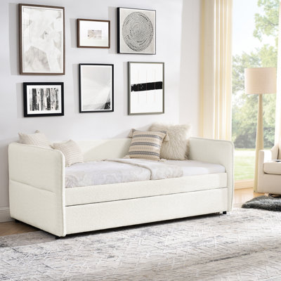 Lit de jour simple tapissier avec couchette, Boucle beige, 83 po x 43 po x 29,5 po, rayures verticales, côtés rembourrés de mousse, tissu idéal pour les cafés Boucle, motif, dossier, chambre à coucher