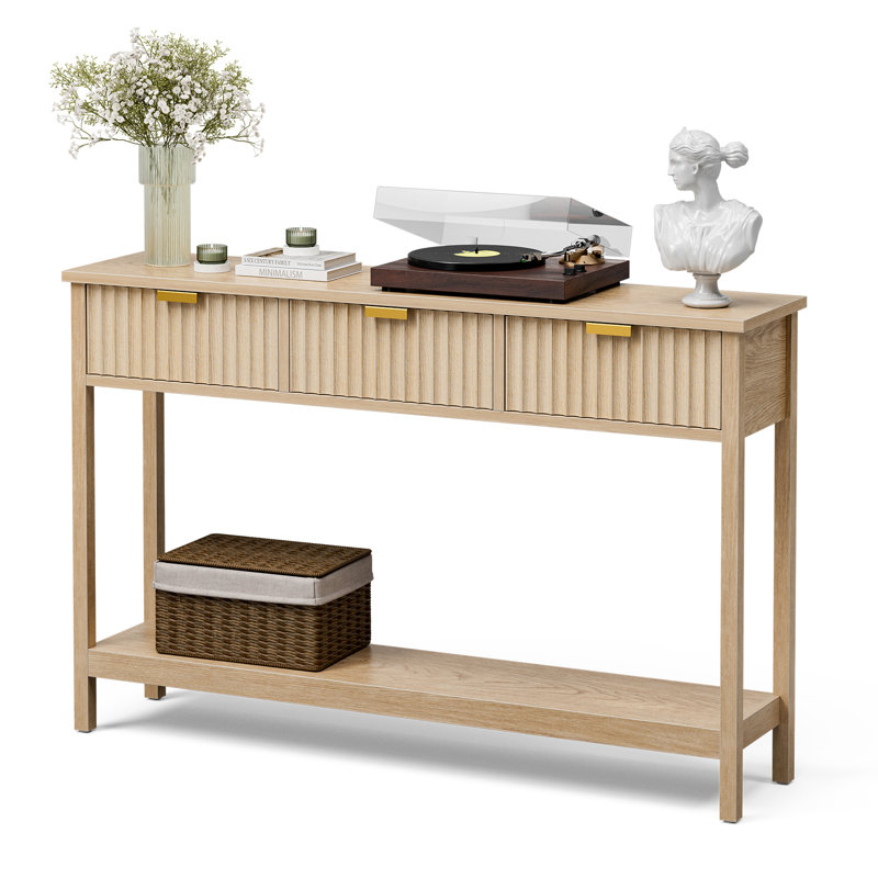 Natural Oak Console Table with Fluted Drawers and Shelf