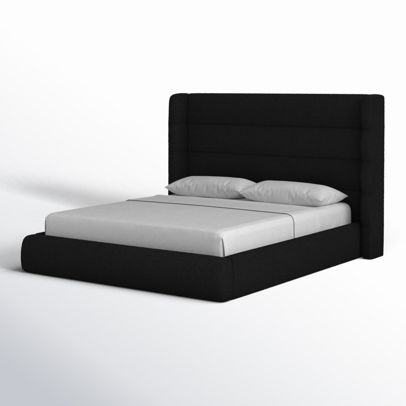 Upholstered Platform Bed, Queen, Black Boucle