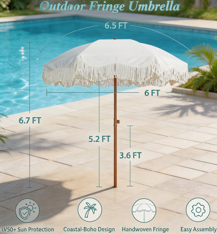 Parasol de terrasse bohémien à franges, 6,5 pi, blanc rétro (base non incluse), Crème