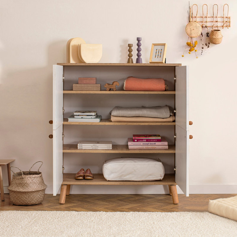 Multi-Purpose Cabinet with Wooden Legs, Sonoma & Yellow Finish, 37.4 x 43.7 x 14.2 inches | 100% Melamine Coated Particle Board, UV Coating | Numerous Shelves, Wall-Mountable, Ideal for Modern Home Decor & Extra Storage