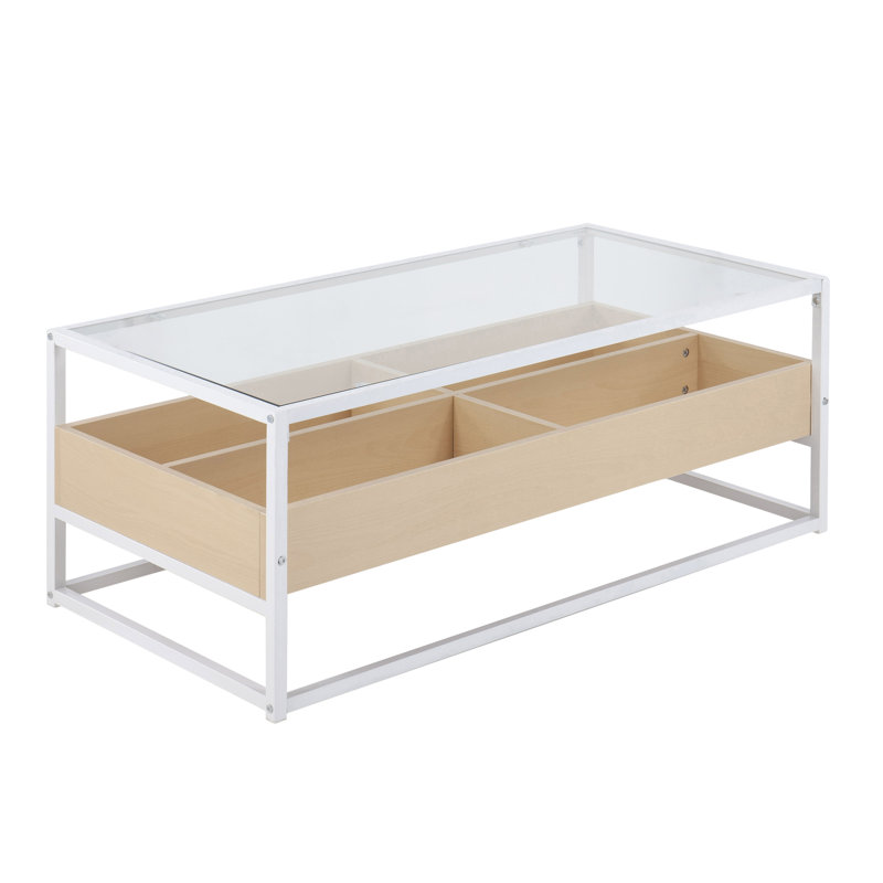 Table basse contemporaine en métal blanc, bois naturel et verre transparent