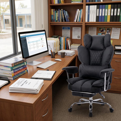 Big & Tall PU Leather Executive Office Chair Supports Up to 350 LBS, Ergonomic Desk Chair with Pocket Spring Cushion, 150° Recline, Adjustable Armrests, Footrest & Adjustable Lumbar Support for Home