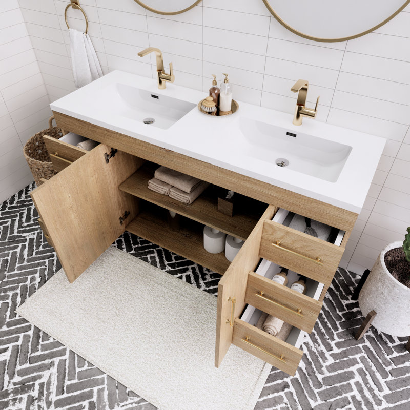 Spring 60" Double Sink Bathroom Vanity, Teak Oak