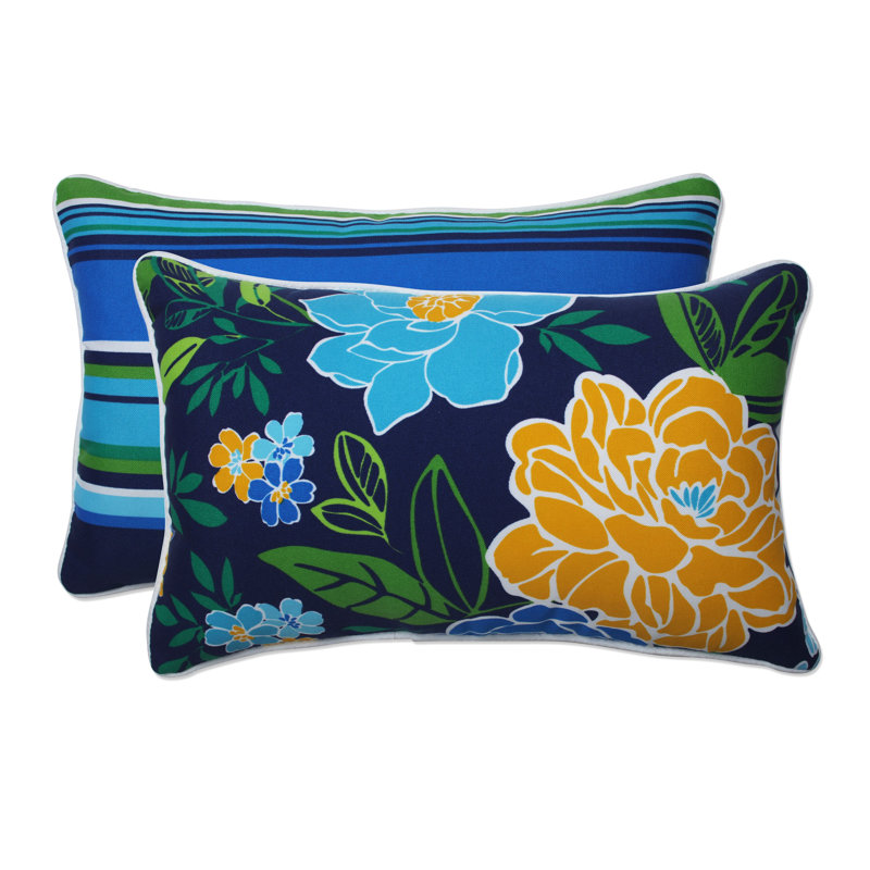 Spring Bling Blue/Sea Island Stripe Blue Floral Outdoor Throw Pillow