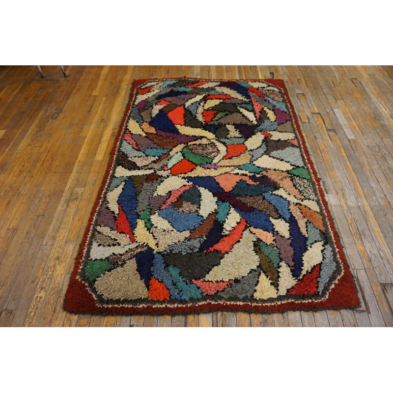 Colorful Antique Artistic American Folk Art Crazy Quilt Pattern Hooked Rug