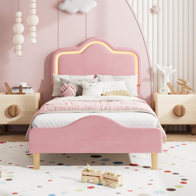 Upholstered Bed Frame with Adjustable Headboard and Footboard, Velvet Princess Platform Bedframe for Kids/Girls, Twin, Pink