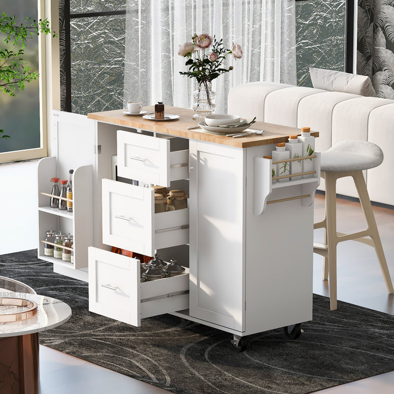 Îlot de cuisine roulant avec rangement, chariot de cuisine avec plateau, 3 tiroirs, 2 tablettes coulissantes et support de rangement interne, îlot de cuisine sur roulettes avec support à épices et support à tour