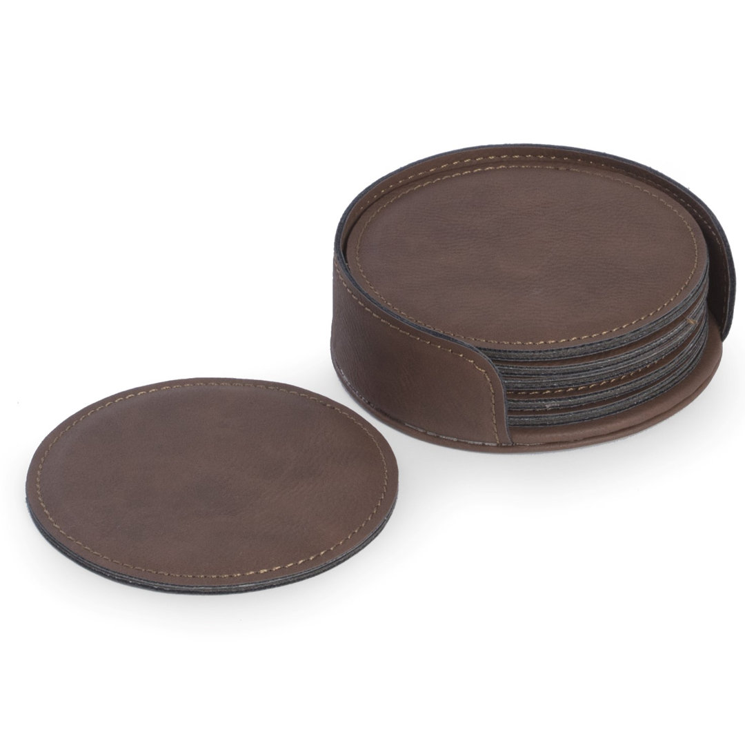 Leather Round 6 Piece Coaster Set With Holder (Set of 6) Symple Stuff 