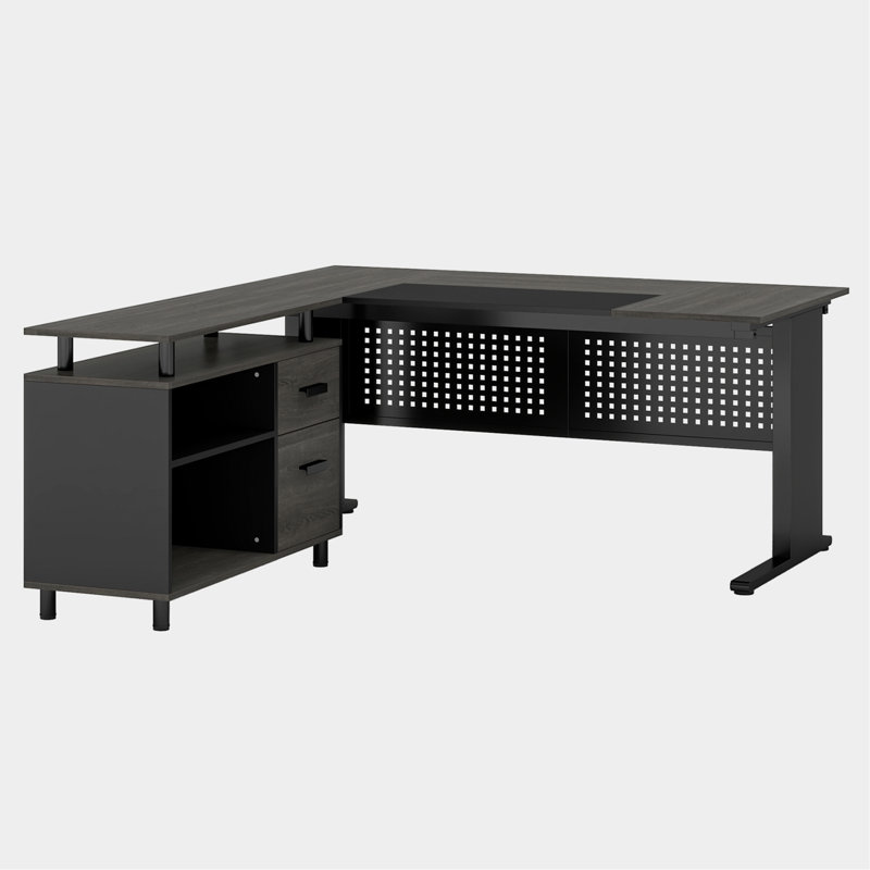 Bureau de direction en L de 63 po avec classeur, grand bureau moderne avec tiroirs, tablettes et rangement, poste de travail d'ordinateur de coin pour bureau à domicile, bureau d'affaires en gris et noir