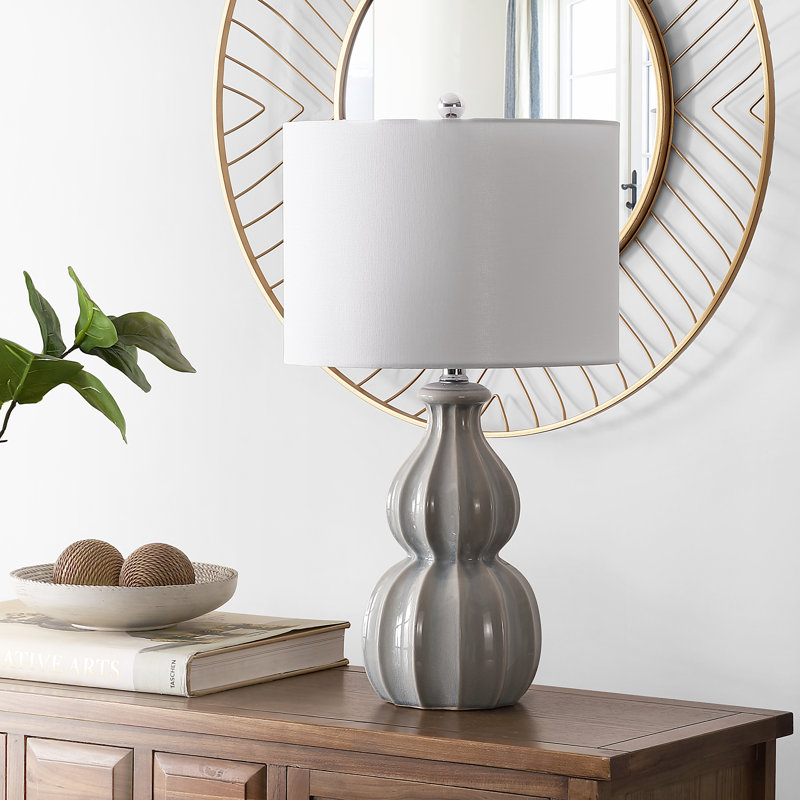 Gray Ceramic Triple Gourd Table Lamp with White Shade