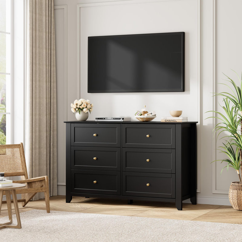 6 Drawer Dresser with Metal Knobs, 47.2" Wide Wooden Double Storage Chest for Bedroom Entryway Hallway, Black