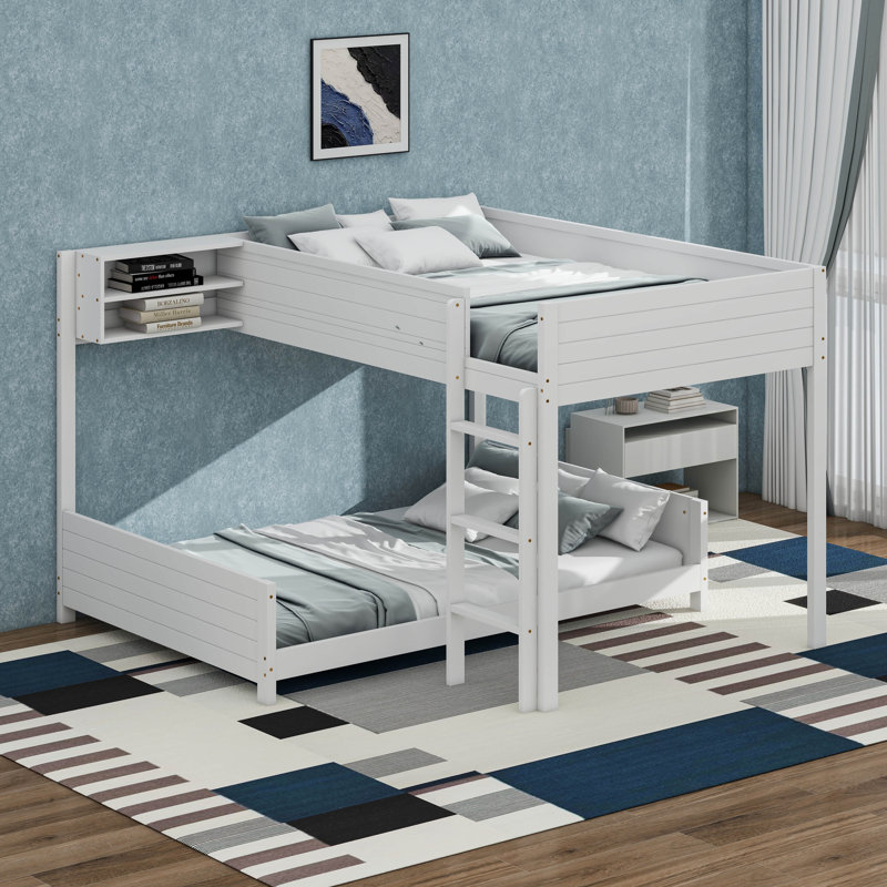 Lit superposé en bois double avec lit superposé double avec plateau de rangement intégré et échelle, avec support à lattes, aucun sommier nécessaire
