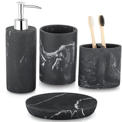 Ensemble d'accessoires de salle de bain, motif en marbre de 4 pièces avec distributeur de savon, porte-brosse à dents, gobelet et porte-savon pour une décoration de salle de bain moderne, design élégant et durable pour les salles de bain à la maison ou au bureau