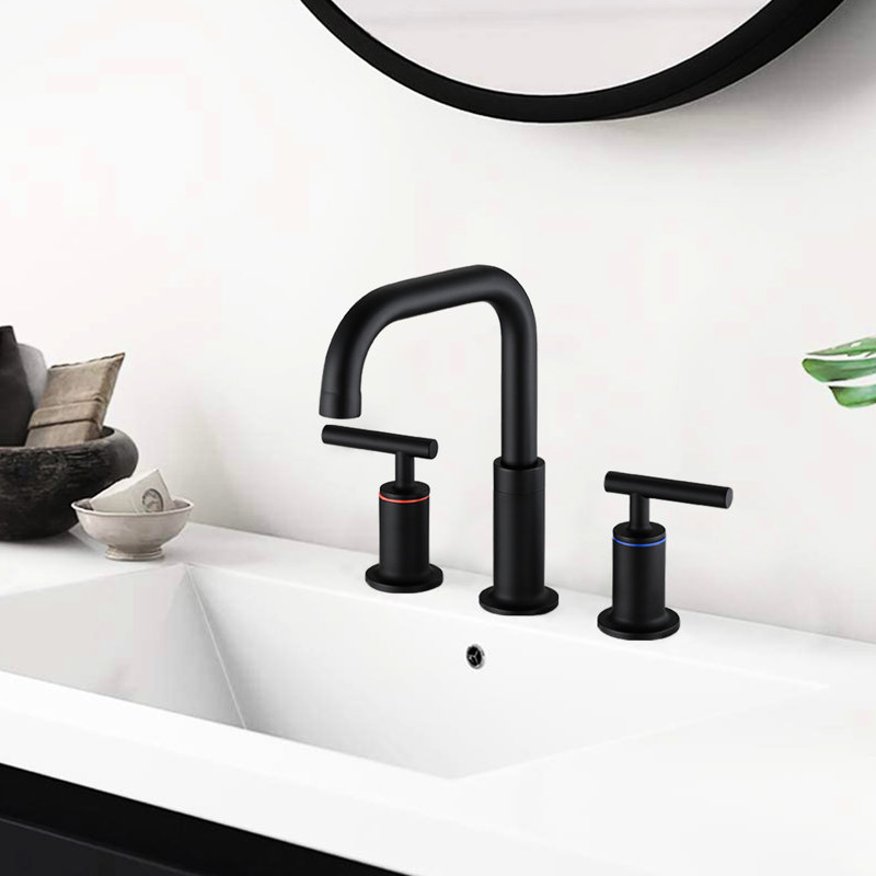 8 po Robinet de salle de bain à large entraxe en noir mat avec bonde escamotable - laiton massif fabriqué, pivotant à 360 °, soupapes à disque en céramique, bec de débit, débit de 1,5 gallon par minute, installation facile, rouille et ternissure 8 po