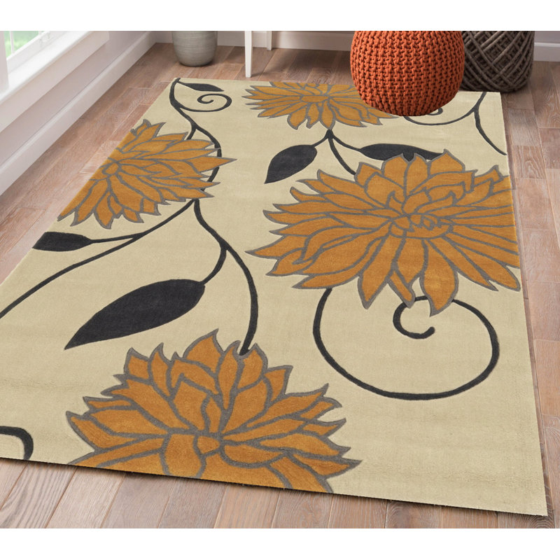 Tapis fait à la main Marisela ivoire et souci, Rectangle 5 pi x 7 pi