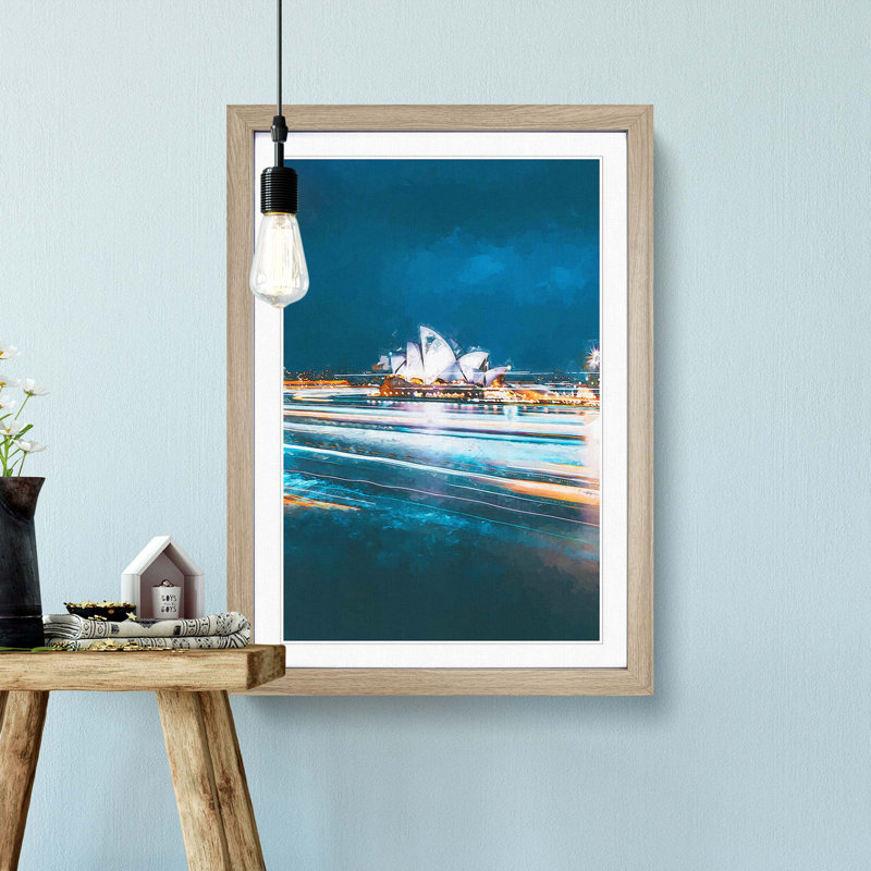 Sydney Opera House Lights in Abstract - Picture Frame Graphic Art Print on MDF, Oak Framed, 65cm H x 48cm W x 2cm D