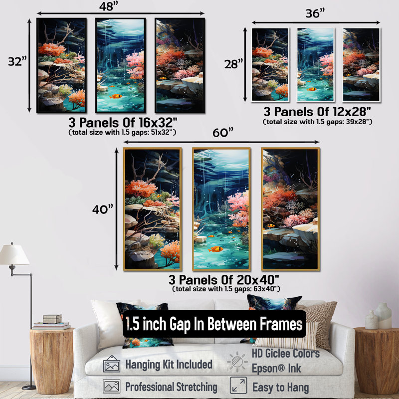 «Realistic Underwater Coral Garden II», art mural corail, Cadre flottant brun, H 28 po x l 36 po x P 1 po