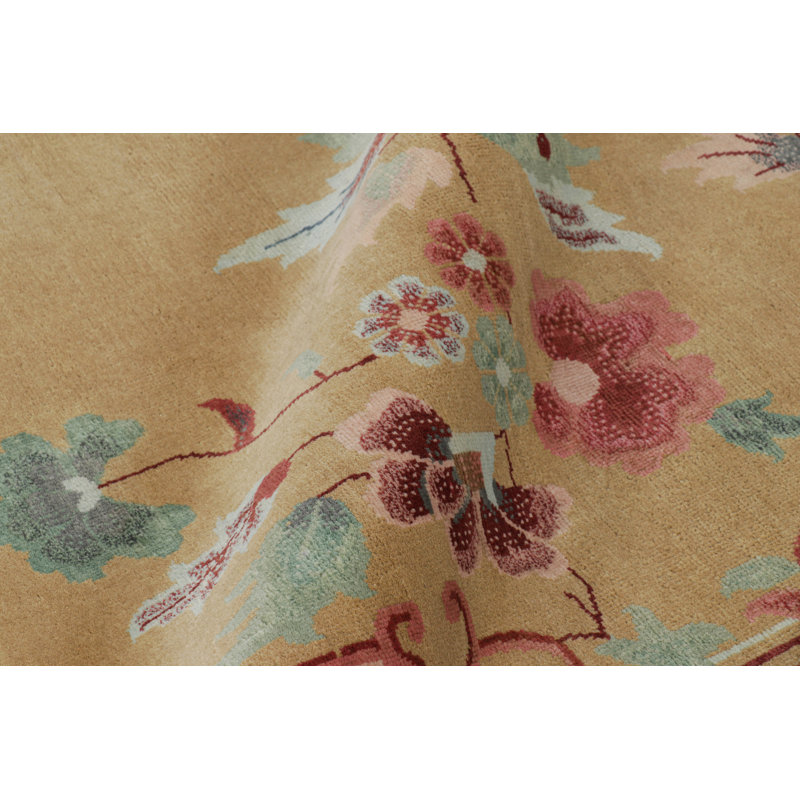 Rug & Kilim’S Chinese Art Deco Style Rug In Green And Beige With Floral Patterns