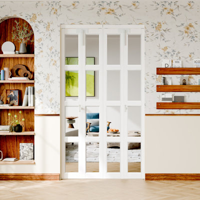 Portes pliantes en deux: portes pliantes en miroir blanc 4-Lite, bois manufacturé, avec serrure, poignée et quincaillerie