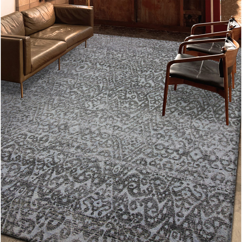 Ikat Area Rug in Light Blue/Black, Rectangle 9' x 12'