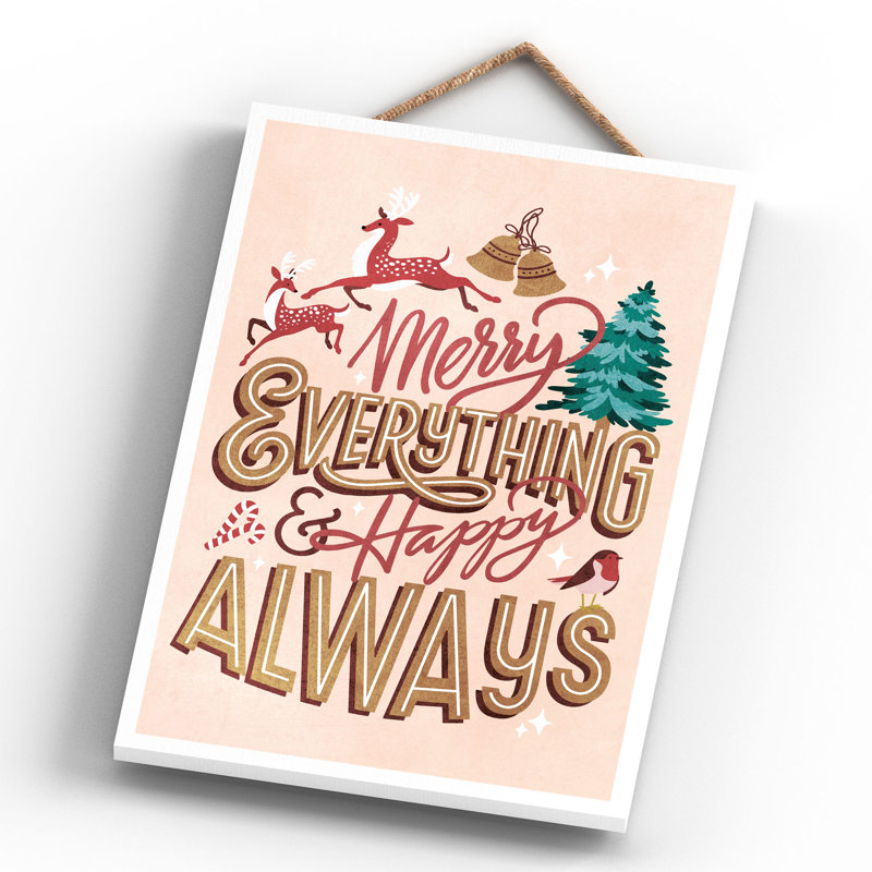 Xmas Merry Everything Happy Always Wooden Plaque, Pink, 28.5cm H x 18.5cm W x 0.9cm D