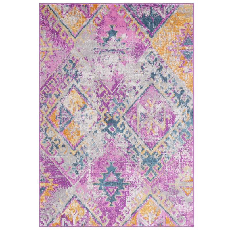 Tapis fuchsia à motif géométrique Felty, Rectangle 5 pi 1 po x 7 pi 6 po
